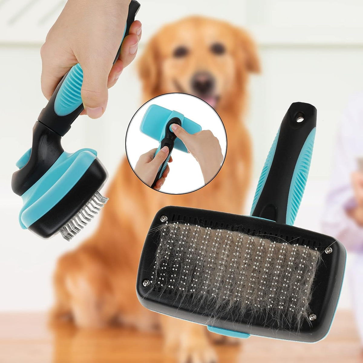 Pet Grooming Brush, Self Cleaning, Blue, for Dog and Cat, Long & Short Hair, Undercoat, Mat Tangled Hair Remover, Ergonomic Design