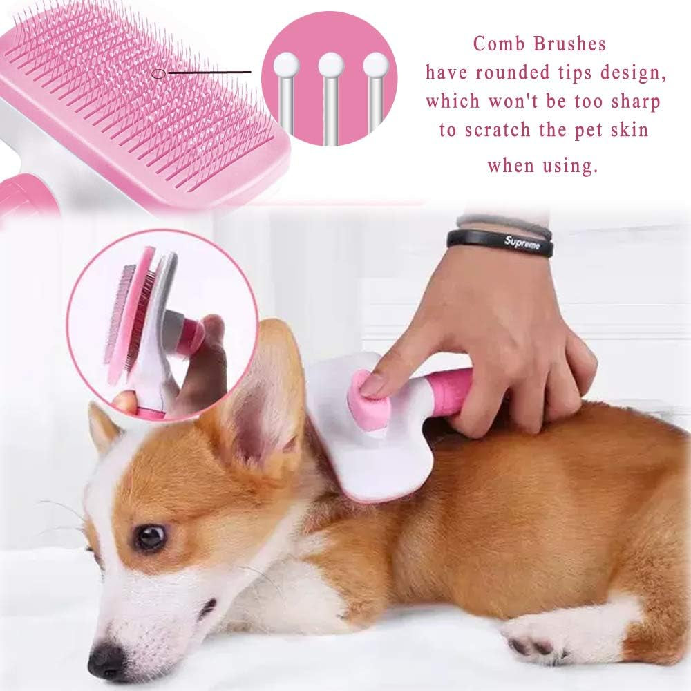 Self Cleaning Pet Brush for Dog and Cat, Grooming Brush with Long and Soft Hair